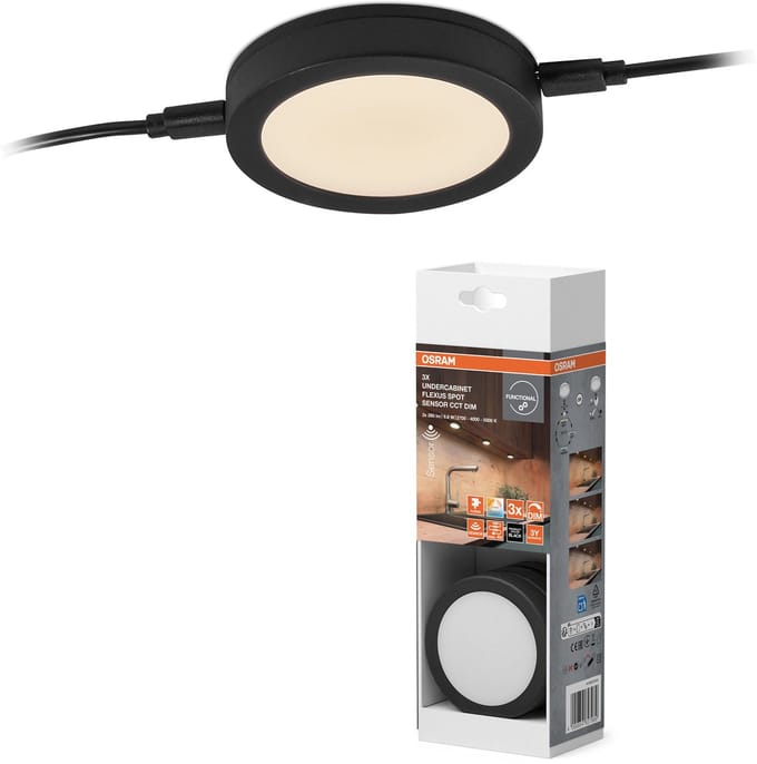 OSRAM Flexus Spot Onderkastverlichting 9. 8W, 580lm, CCT 2700-5000K, dimbaar, Zwart, ABS, Sensor, rond 75mm