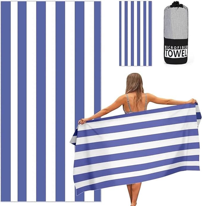 Grote strandhanddoek met opbergtas, sneldrogend en zacht, gestreept design