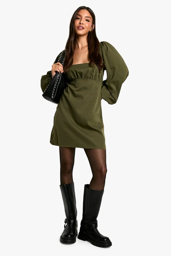boohoo Dames Long Sleeve Puff Sleeve Mini Dress | Kaki | Maat: 36