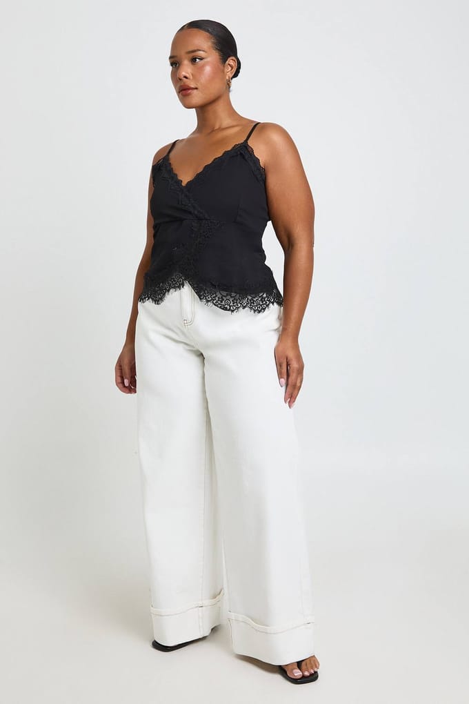 boohoo Dames Plus Kanten Chiffon Cami Top Met Kantafwerking | Zwart | Maat: 54