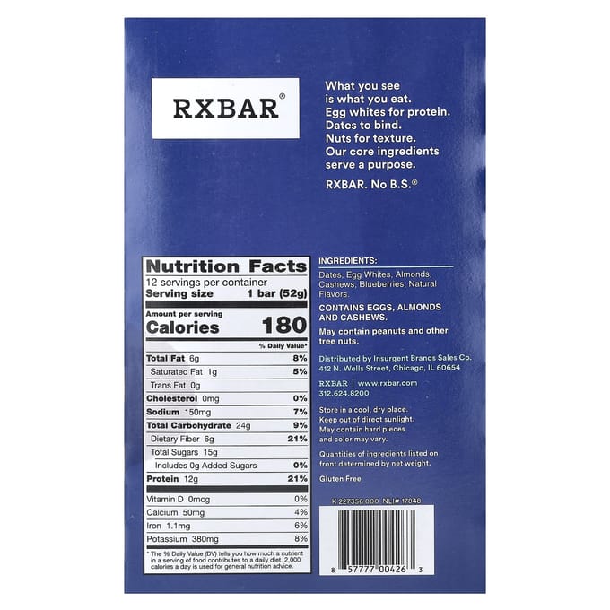 RXBAR, proteïnereep, bosbes, 12 repen, 52g (1,83 oz) elk