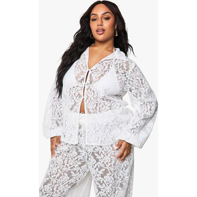 boohoo Dames Plus gehaakt kanten oversized strandhemd | Cream | Maat: 20-22