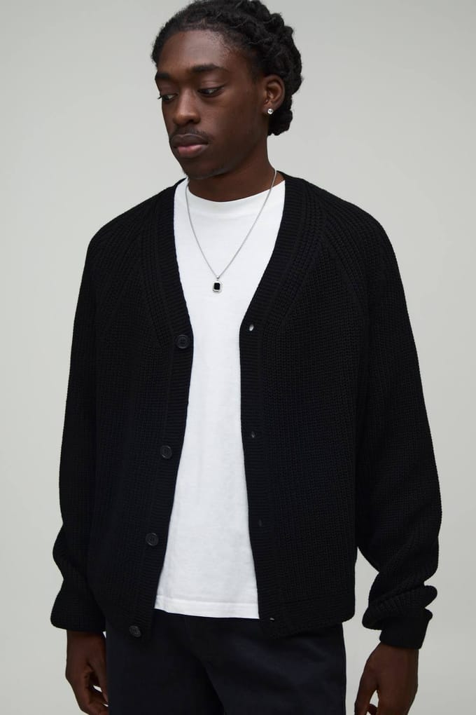 Ontspannen Boxy Geribbeld Raglan Gebreid Vest | Black | Size XS