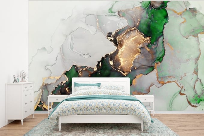 Behang - Fotobehang Marmer - Goud - Groen - Luxe - Breedte 375 cm x hoogte 280 cm