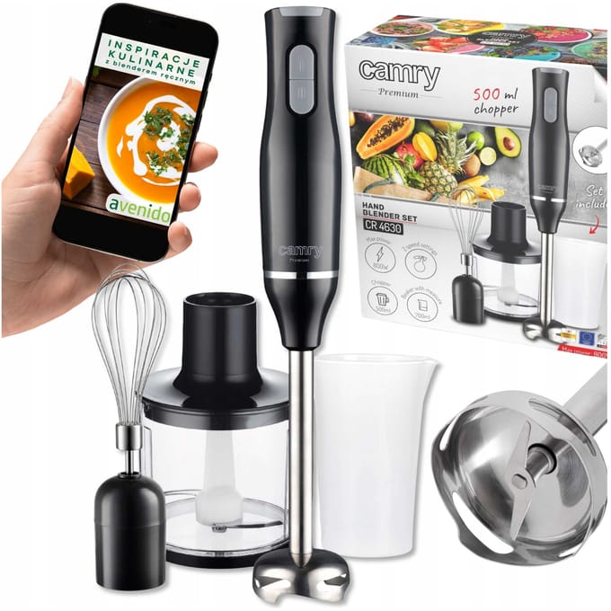 Camry CR 4630 800W staafmixerset: 500 ml versnipperaar, 700 ml beker met maatverdeling, Flutter