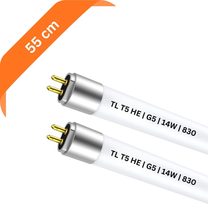 2x T5 TL buis 55 cm – 830 Warm Wit 3000K – 14W – G5 fitting – Ø 1.6 cm