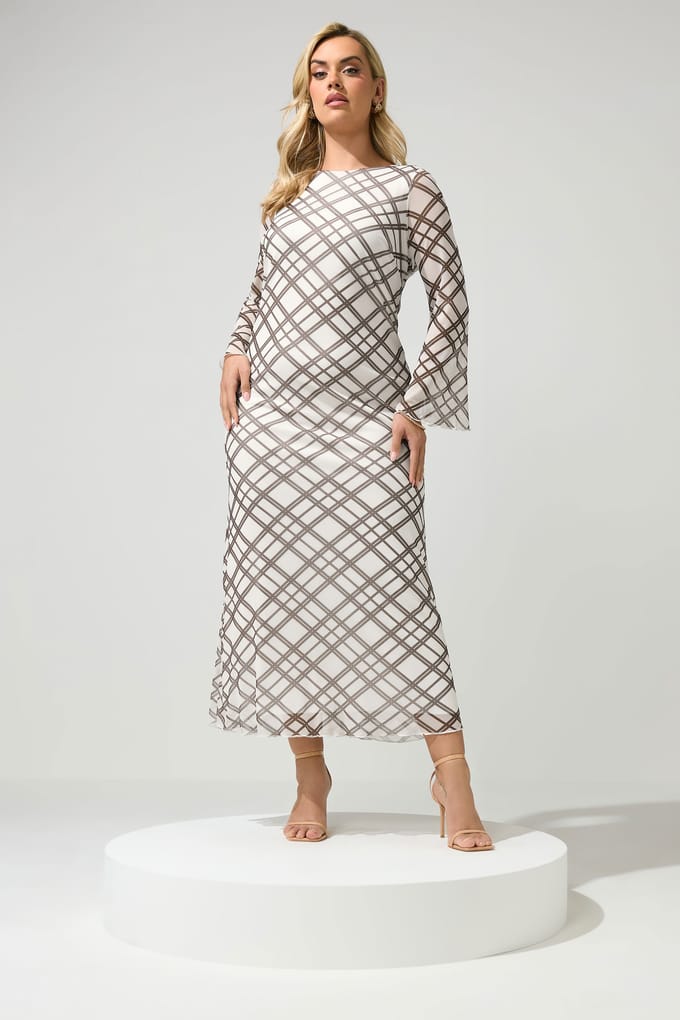 Yours London Ivoorwit En Bruin Geruite Meshjurk Size 48
