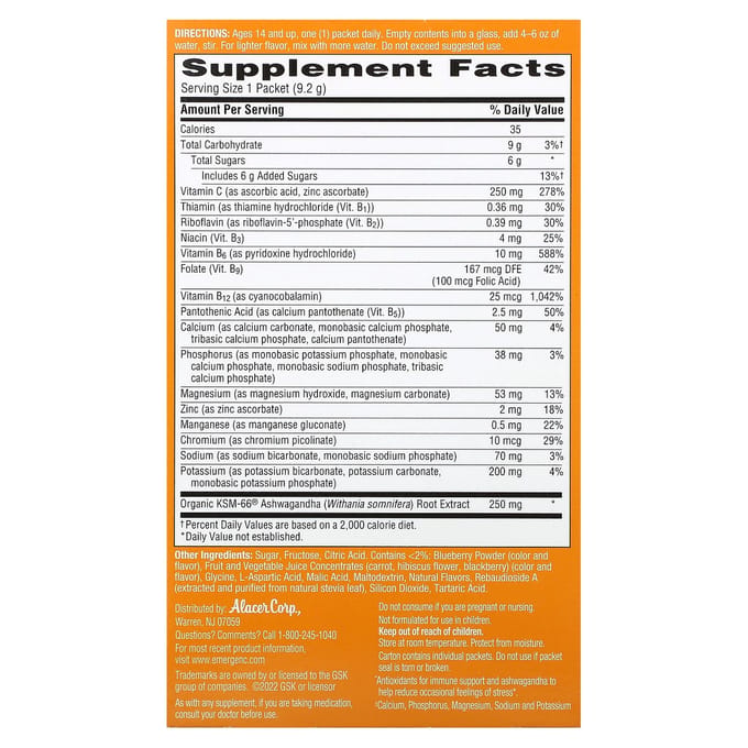 Emergen-C, Ashwagandha, Bessenmix, 18 Sachets, 9,2G (0.32Oz) Elk