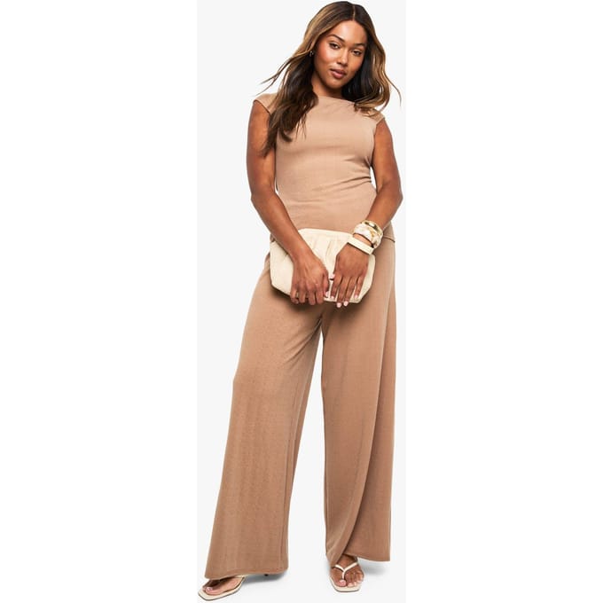 boohoo Dames Plus Ripple Rib Trekkoordbroek | Mokka | Maat: 48