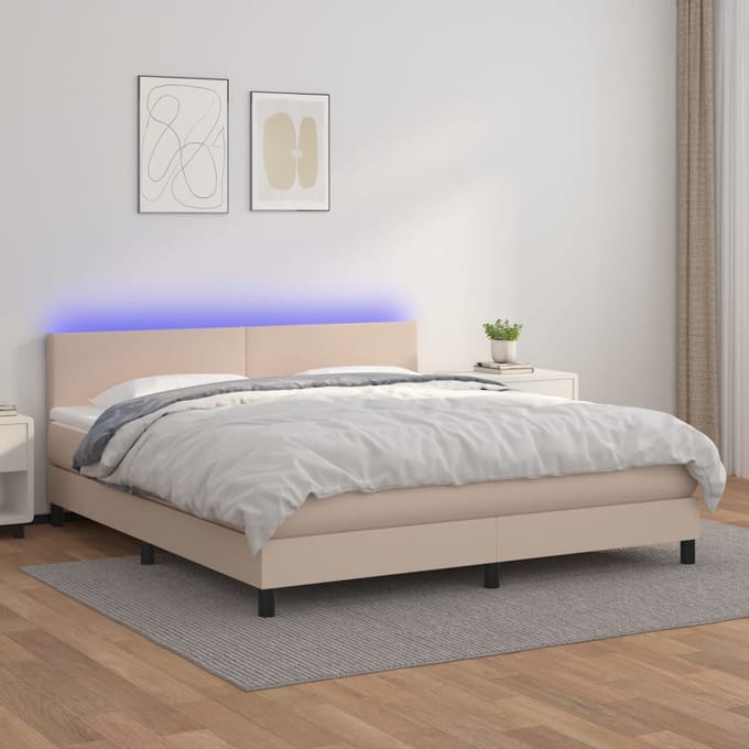 vidaXL - Boxspring - met - matras - en - LED - kunstleer - cappuccinokleur - 180x200cm