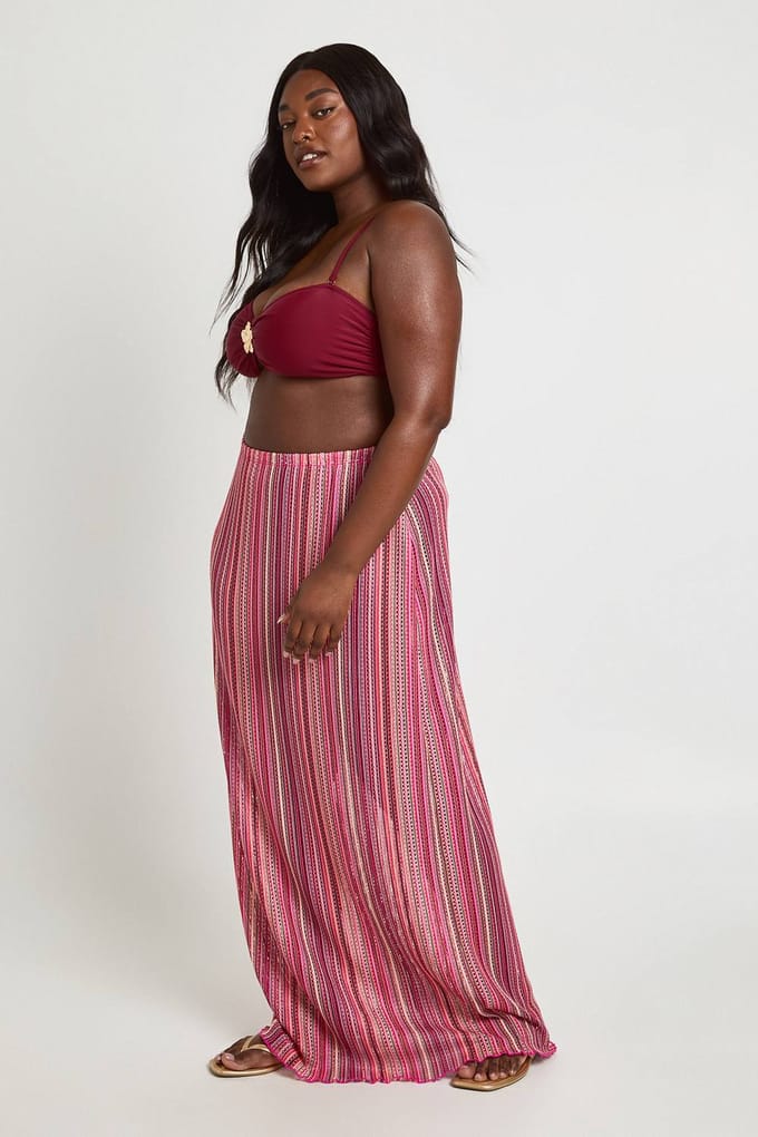 boohoo Dames Plus Gebreide Gestreepte Maxi Rok | Roze | Maat: 44