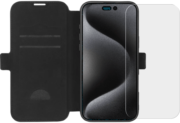 BlueBuilt Apple iPhone 16 Pro Max Book Case Leer Zwart + Screenprotector Glas