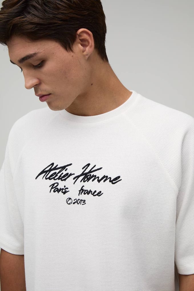 Oversized Embroidered Waffle Raglan T-Shirt | Ecru | Size Medium