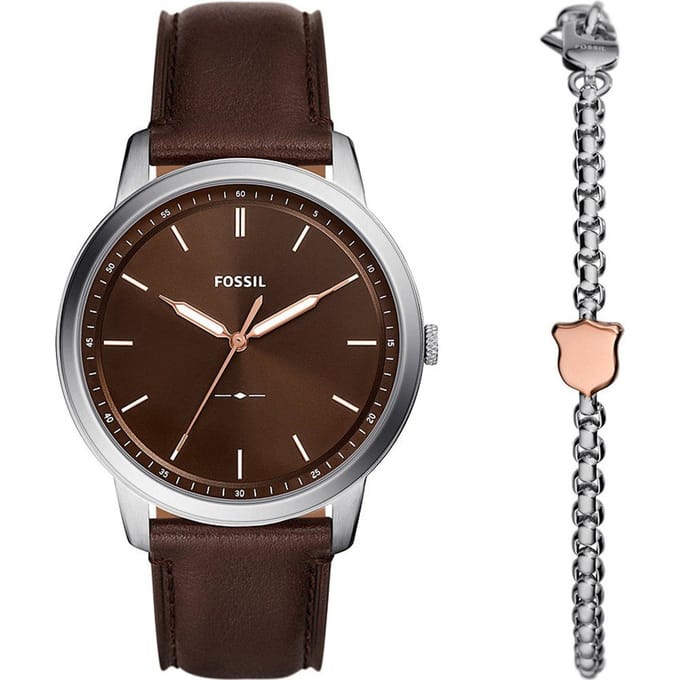 Fossil Minimalist FS6019SET Horloge - Leer - Bruin - Ø 44 mm