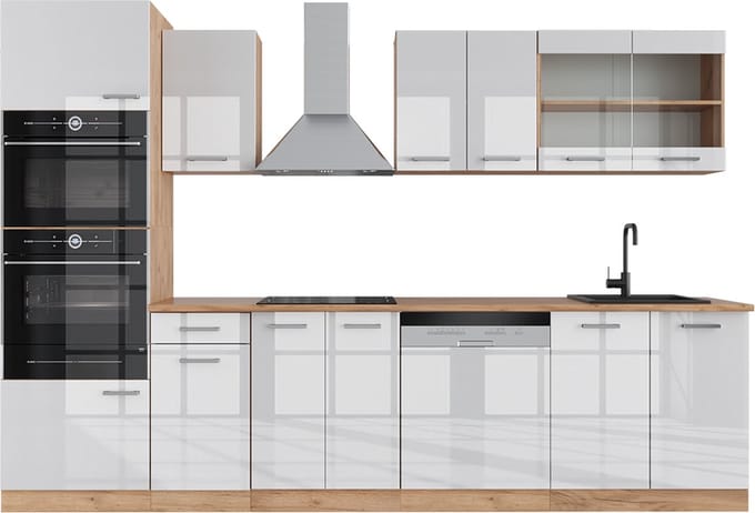 Vicco R-Line Complete keukeneenheid – 300 cm met hoge kast, WB Eik Wit hoogglans/goud power eiken