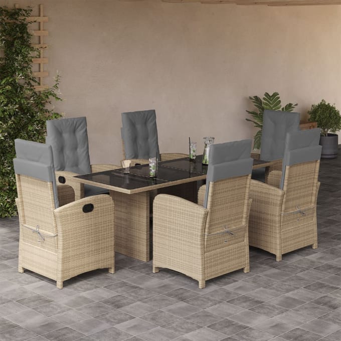vidaXL - 7-delige - Tuinset - met - kussens - poly - rattan - gemengd - beige