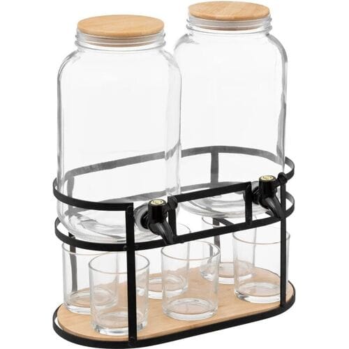 5Five Drank dispensers - set van 2x stuks - 3,3L - glas - op standaard met 6 glazen