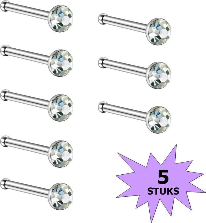 Fako Bijoux® - Neuspiercing - Staafje Kristal - 3.0mm - Wit - 5 Stuks