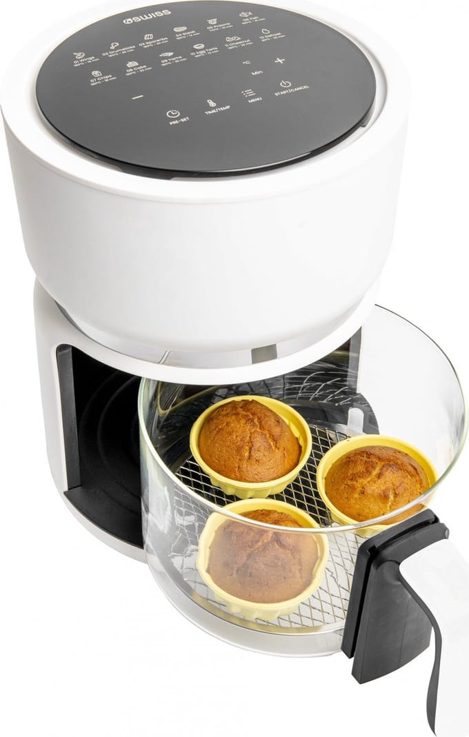 4SWISS ABB-G24 Pure Glass - Airfryer - Heteluchtfriteuse - 1200W - 3L - Touchscreen - Glazen bak - Wit