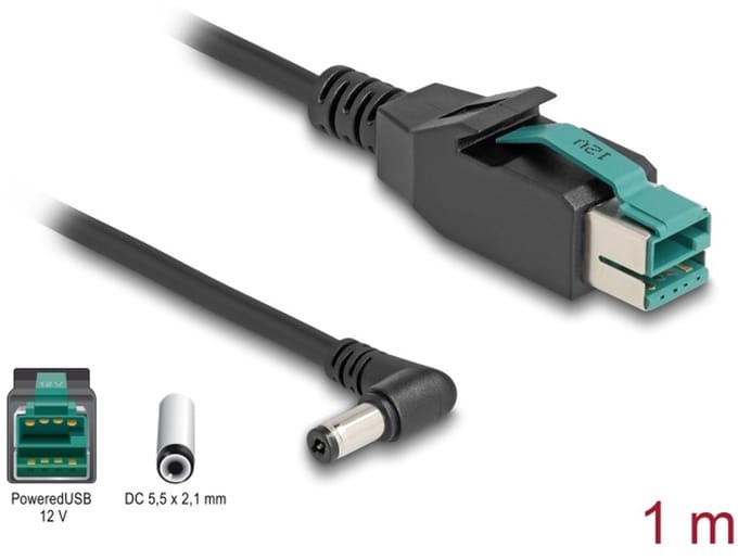 Delock PoweredUSB cable male 12 V to DC 5.5 x 2.1 mm male angled 1 m