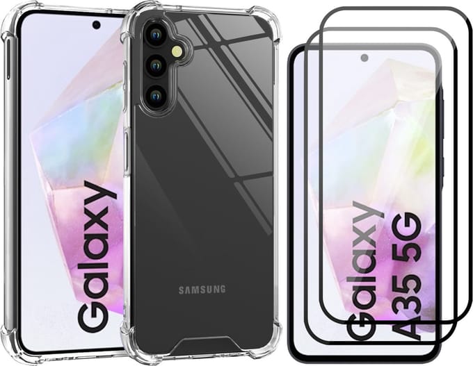 Hoesje geschikt voor Samsung Galaxy A35 - 2x Screenprotector Volledig Dekkend Glas - Shockproof Transparant