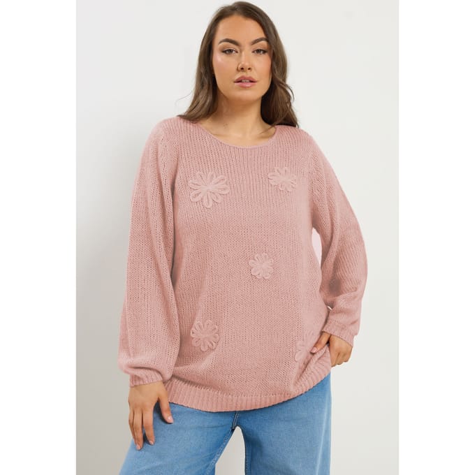 Yours Roze Gebreide Trui Met Bloemen Size 54-56