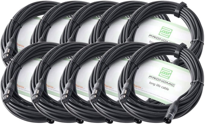 Microfoonkabel set van 10 - 10 meter XLR naar XLR, handgesoldeerd en sterk, zwart