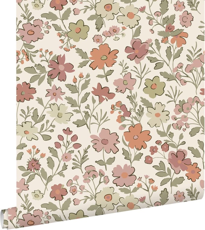 ESTAhome behang bloemetjes terracotta, groen en wit - 50 x 900 cm - 131324