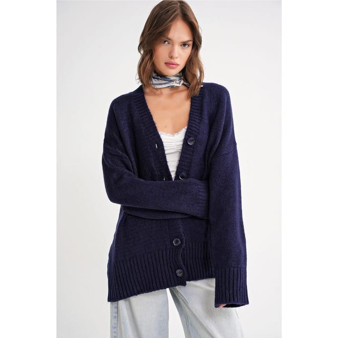 Geknoopte V-hals Ribbels Brei Cardigan