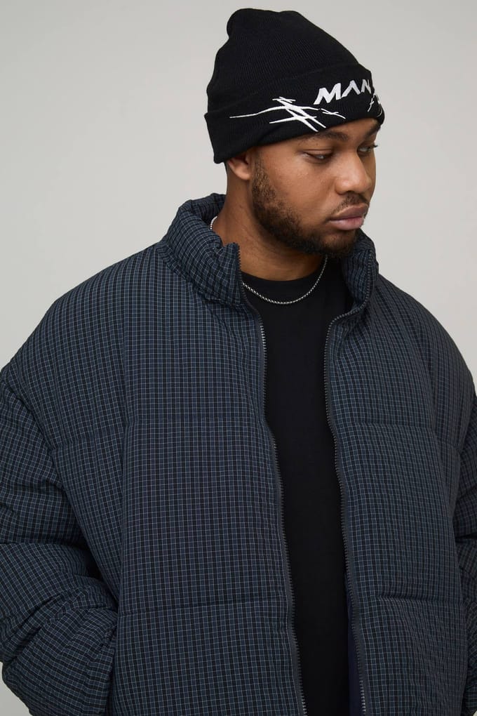 Plus Oversized Check Ripstop Funnel Neck Puffer Jacket | Navy | Size 2XL