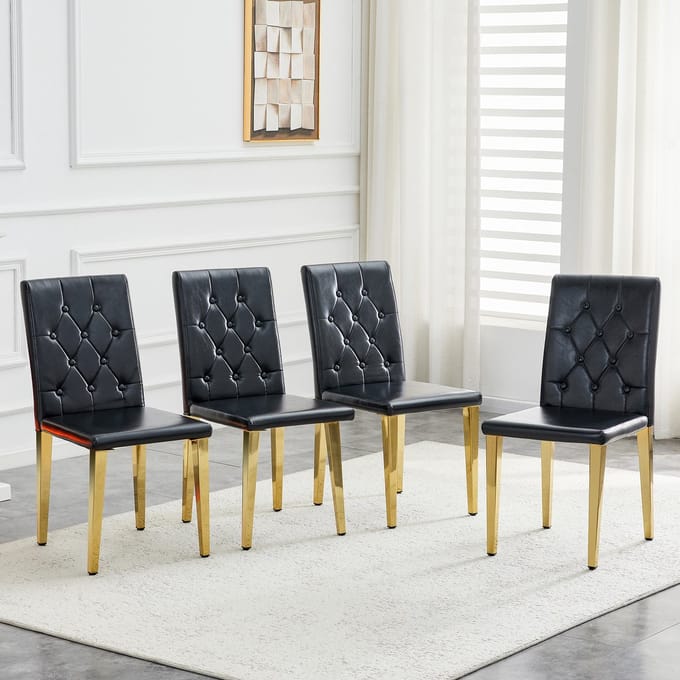 MODENUIT Eetkamerstoel - Set Van 4 - Rugleuning Met Ruitstiksel - Voor Eethoek En Horeca - PU Zwart Goud