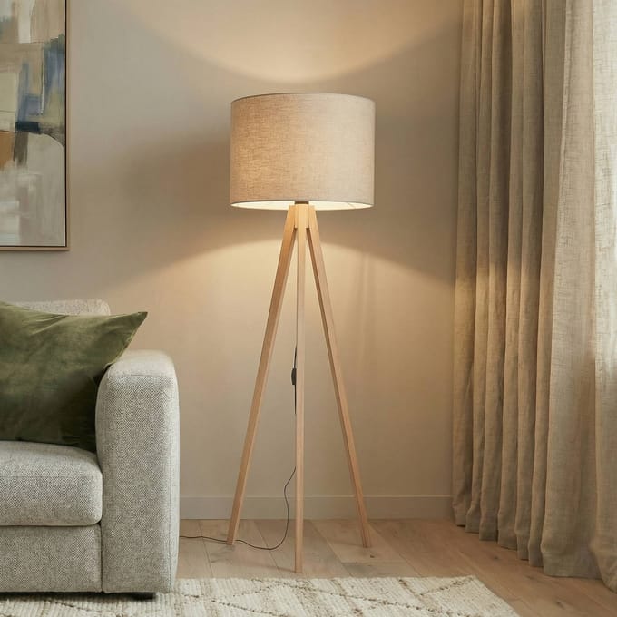 TK Lighting Vloerlamp Grand, beige/dennenhout, hoogte 145 cm, E27