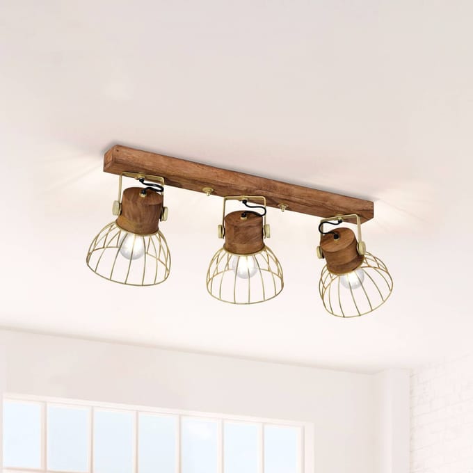 JUST LIGHT. GmbH Plafondlamp Alami mangohout messing mat 3-lamps.