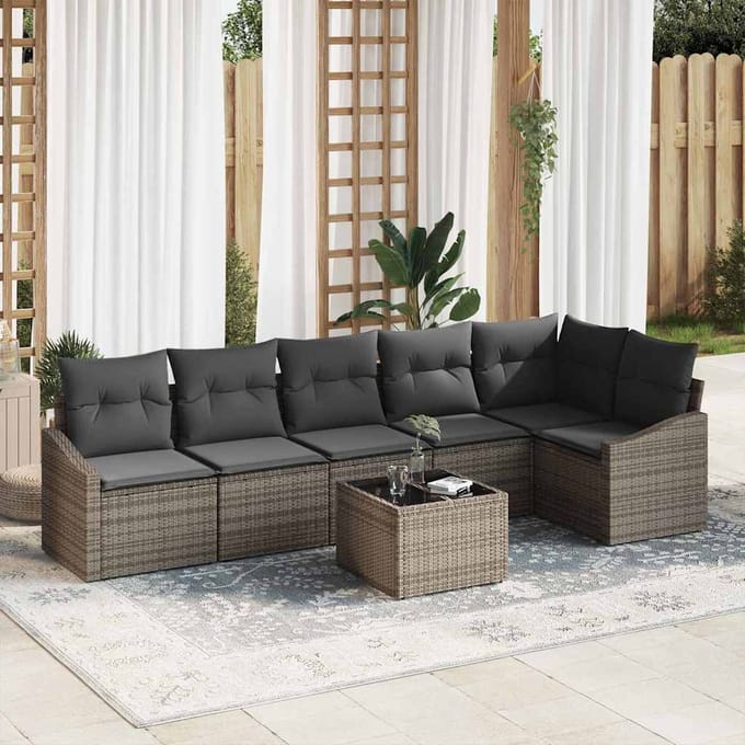vidaXL Tuinbank Set met kussen met opslag 7 pcs Lichtgrijs poly rattan