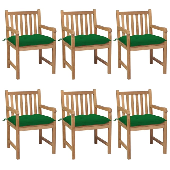 vidaXL - Tuinstoelen - 6 - st - met - groene - kussens - massief - teakhout