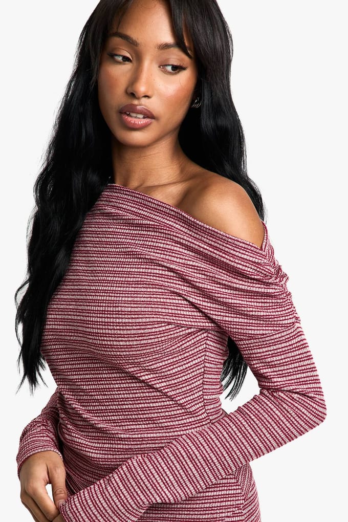 boohoo Dames Gestreepte jersey slordige off-shoulder top | Red | Maat: 12