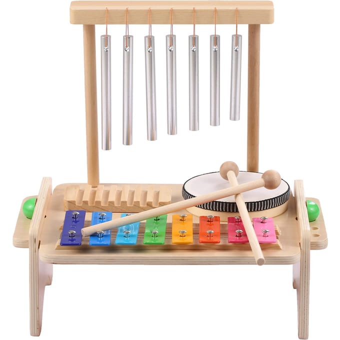 Windgong Combinatieset Kinderdrumset Windgong Xylofoon Trommel Hout Guiro Schraper 4-in-1 Muzikaal beige