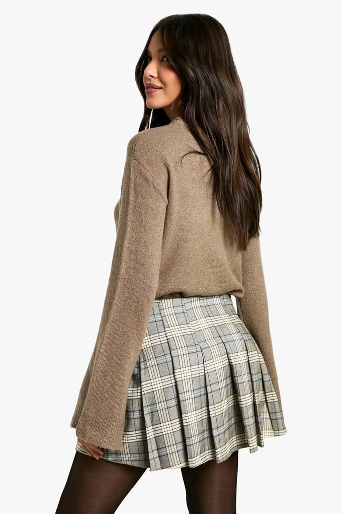 boohoo Dames Check geplooide mini rok met gesp sluiting | Bruin | Maat: Small