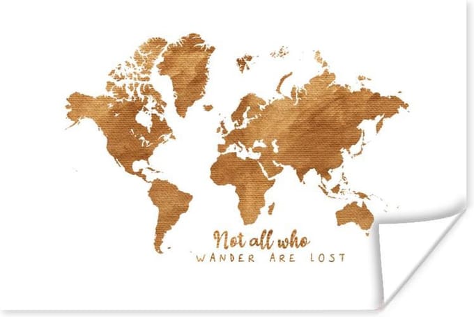 Poster - Wereldkaart - Brons - Touw - 120x80 cm
