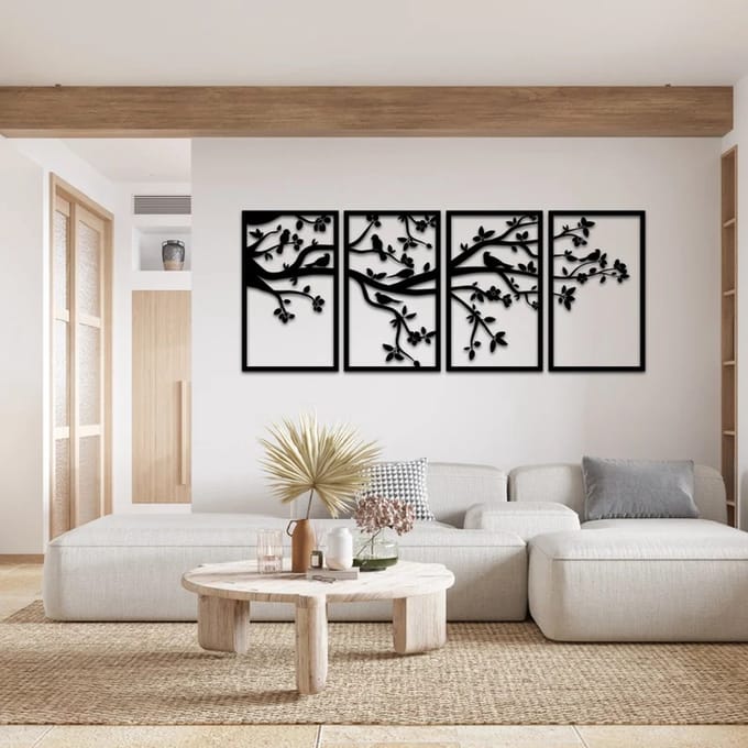 Metalen Wanddecoratie Levensboom Panelen – 3D Wandkunst – Zwart – 49 x 125 cm