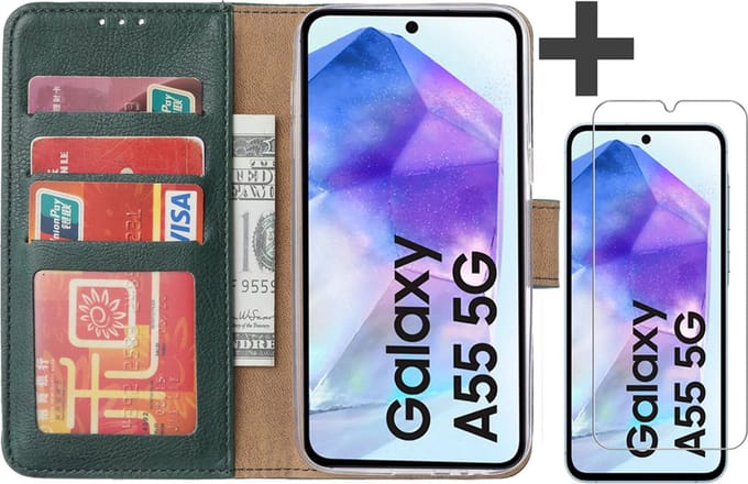 Hoesje met Screenprotector Geschikt voor Samsung Galaxy A55 – Arara bookcase met pasjeshouder - Groen