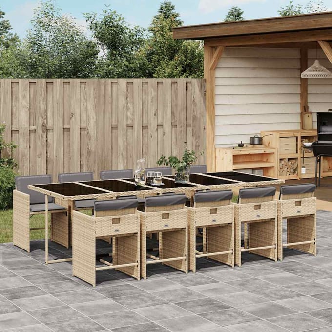 vidaXL - 11-delige - Tuinset - met - kussens - poly - rattan - gemengd - beige