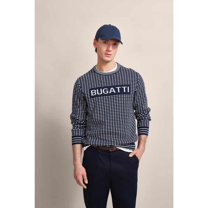 Bugatti Herren Trui met ronde hals en opvallende logoprint