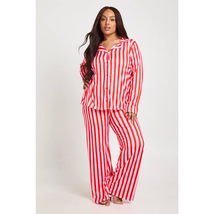 boohoo Dames Plus Gestreepte Print Lange Mouw & Broek Pyjama Set | Pink | Maat: 16