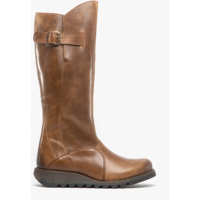 Fly London Dames Camel Brown MOL 2 Leren Wedgesleekte Kniehoge Laarzen met Ritssluiting