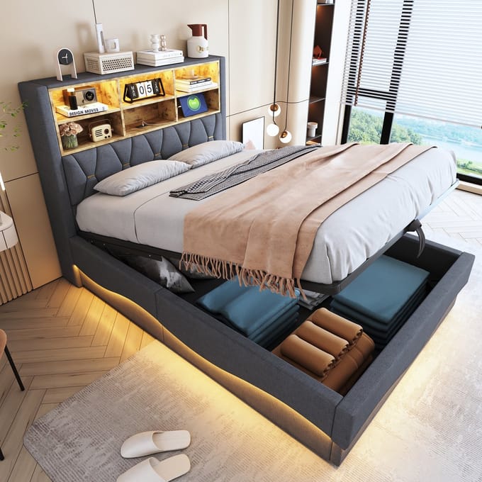 REDOM opbergbed 140x200 cm – Stof, hydraulisch, LED, USB – Grijs