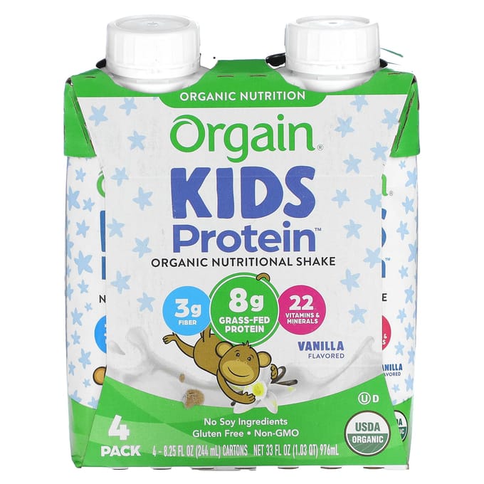 Orgain, Kinder Eiwit, Biologische Voedingsshake, Vanillesmaak, 4 Stuks, 8.25 fl oz (244 ml) Elk