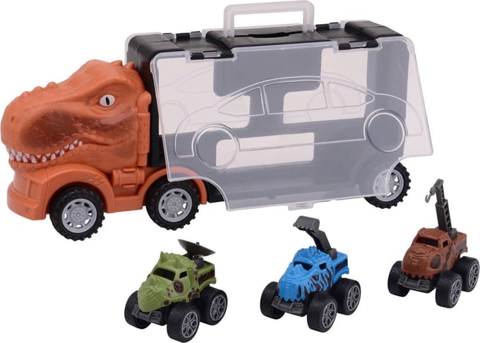 Dino opberg truck met drie dino auto's - 2 assorti.