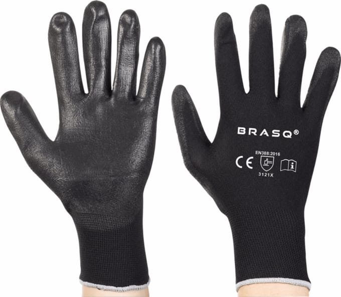 Polyester handschoenen maat 10 zwarte PU coating 1 paar/ per seal