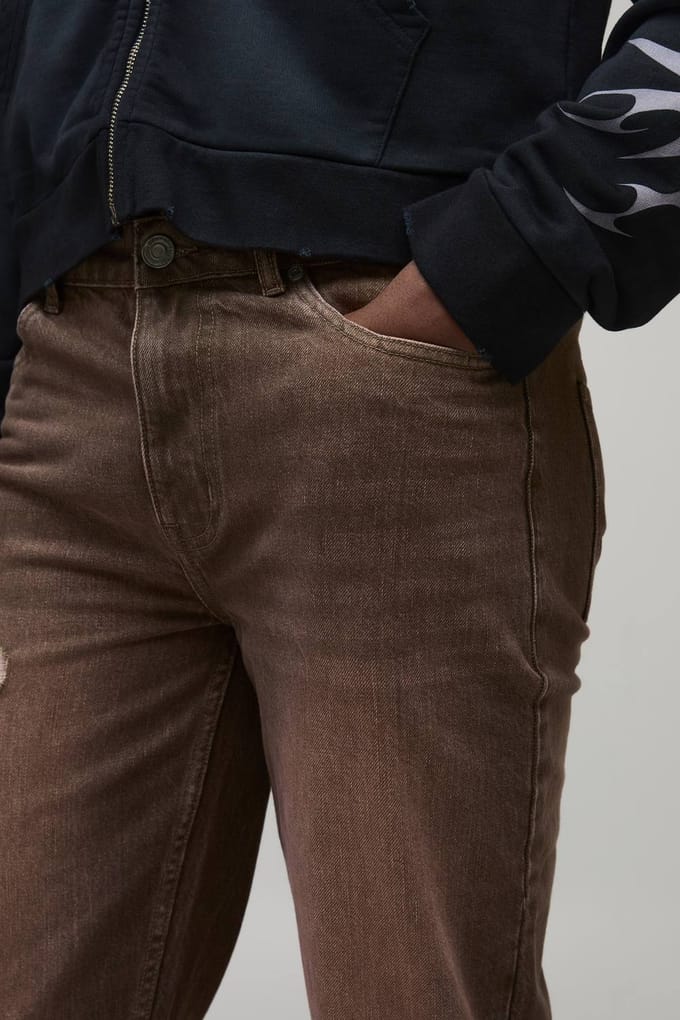 Rechte Wijduitlopende Knie Gescheurde Gewassen Denim Jeans | Brown | Size 30R